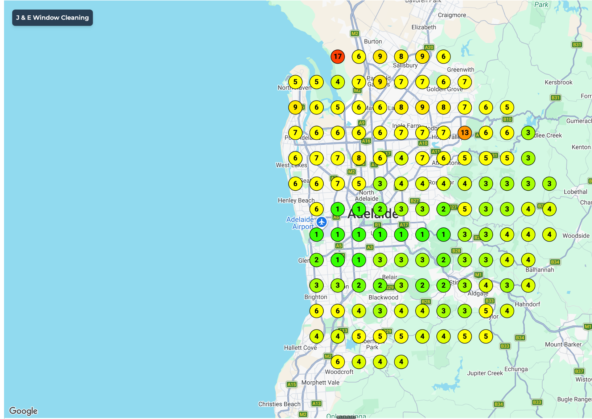 J & E Window Cleaning Google Maps grid after — ranked 1st overall